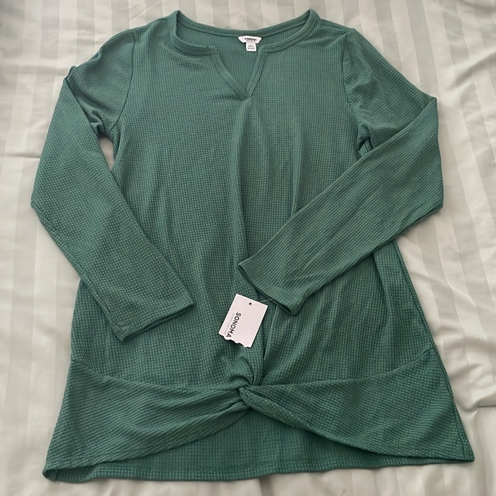 NEW Sonoma Maternity Long Sleeve Waffle Knit Green Knotted Bottom Top